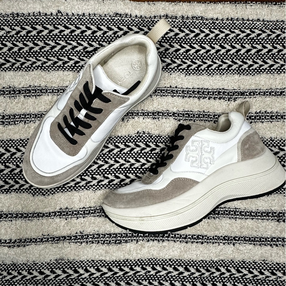 Tory Burch White and Taupe Platform Sneakers
